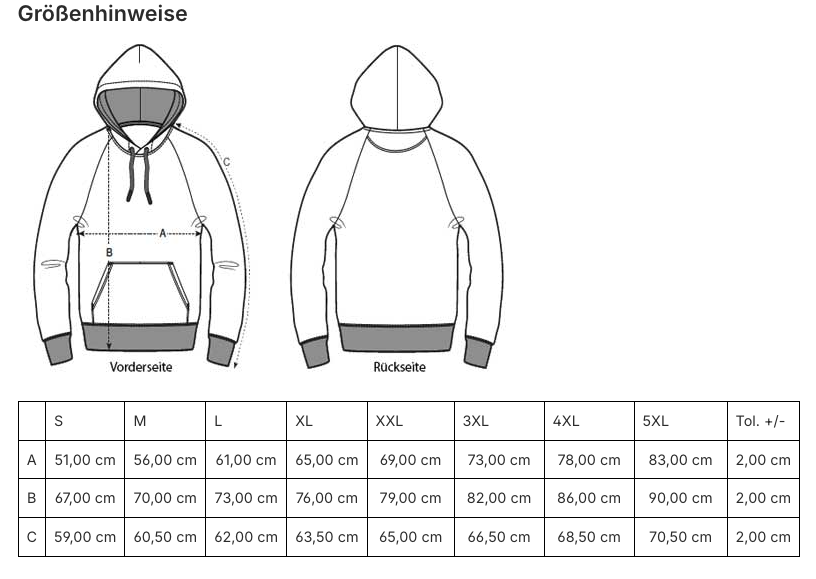 Größentabelle Rehmigration Hoodie hell Backprint
